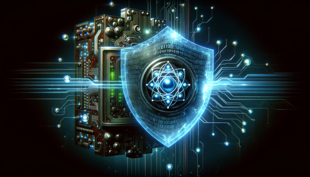 digital shield symbolizing cybersecurity, showing visible cracks to represent vulnerability due to quantum computing