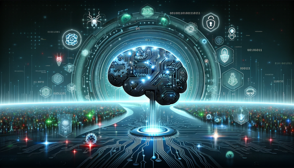 futuristic digital landscape, with a stylized brain at the center, symbolizing machine learning